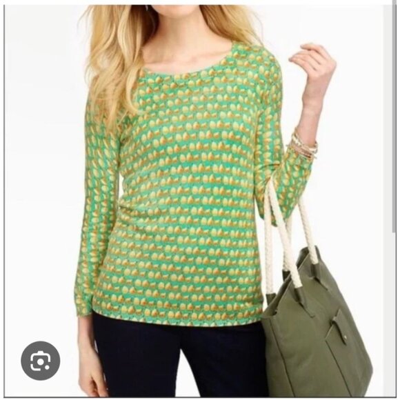 Talbots Sweater LP Faux Button-Back Pear Print Green Yellow Cottagecore - Picture 2 of 10
